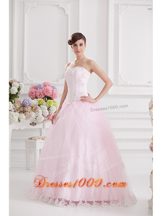 Ball Gown Sweetheart Tulle Baby Pink 2014 Quinceanera Dress with Appliques Beading