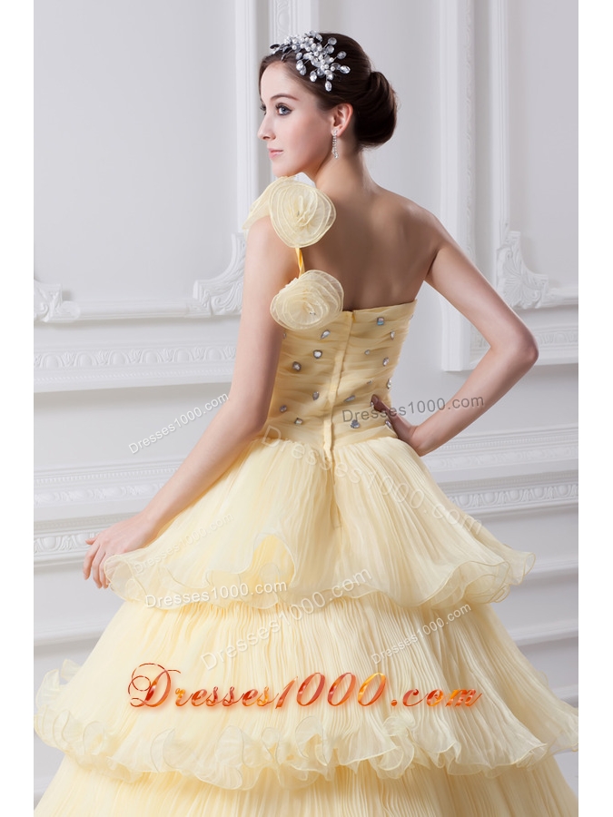 Beautiful A-line One Shoulder Beading and Ruffled Layers Quinceanera Dress in Light Yellow