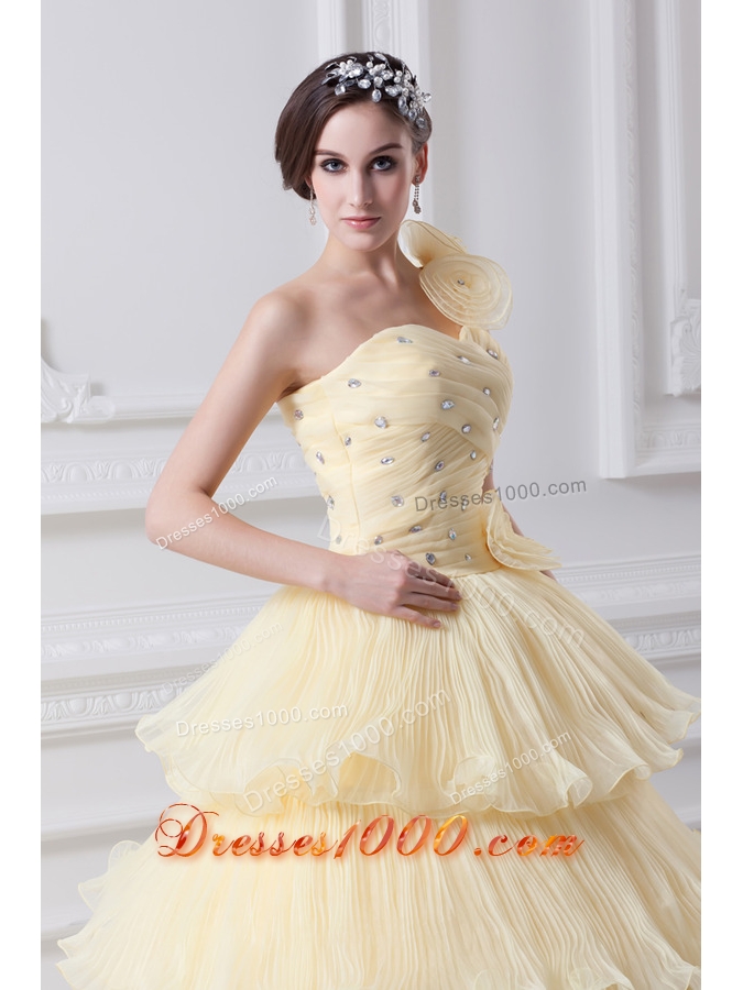 Beautiful A-line One Shoulder Beading and Ruffled Layers Quinceanera Dress in Light Yellow