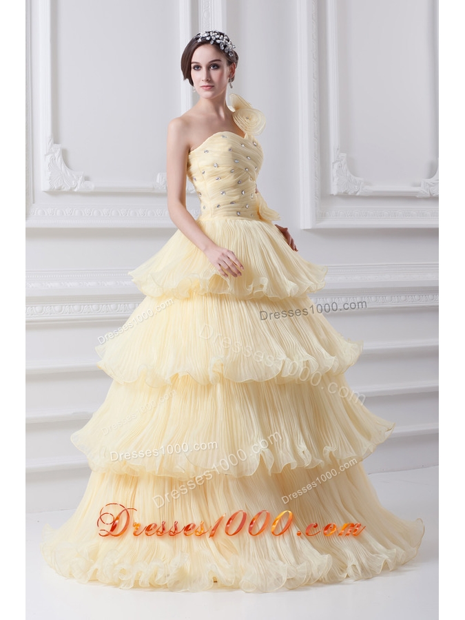 Beautiful A-line One Shoulder Beading and Ruffled Layers Quinceanera Dress in Light Yellow