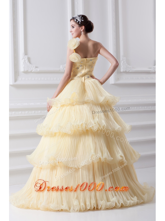 Beautiful A-line One Shoulder Beading and Ruffled Layers Quinceanera Dress in Light Yellow