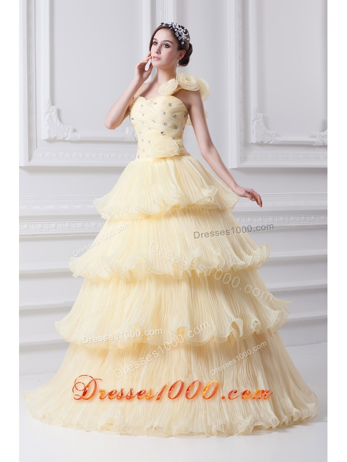 Beautiful A-line One Shoulder Beading and Ruffled Layers Quinceanera Dress in Light Yellow