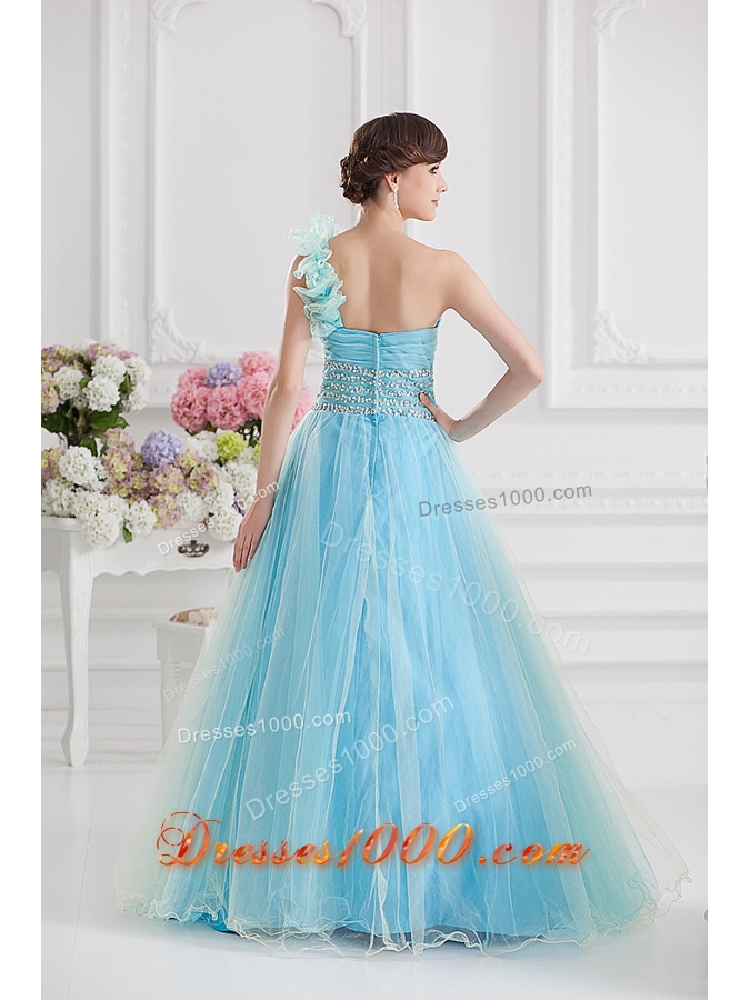 Beautiful A-line One Shoulder Ruching and Beading Aqua Blue Quinceanera Dress
