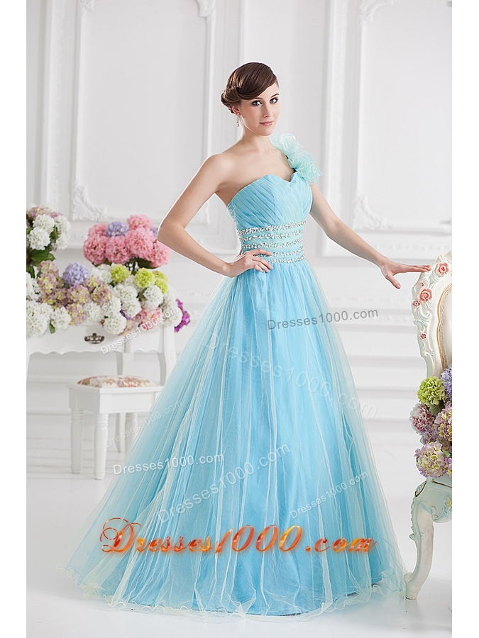 Beautiful A-line One Shoulder Ruching and Beading Aqua Blue Quinceanera Dress