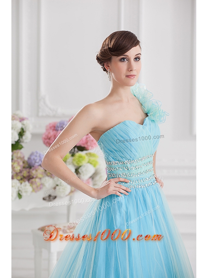 Beautiful A-line One Shoulder Ruching and Beading Aqua Blue Quinceanera Dress
