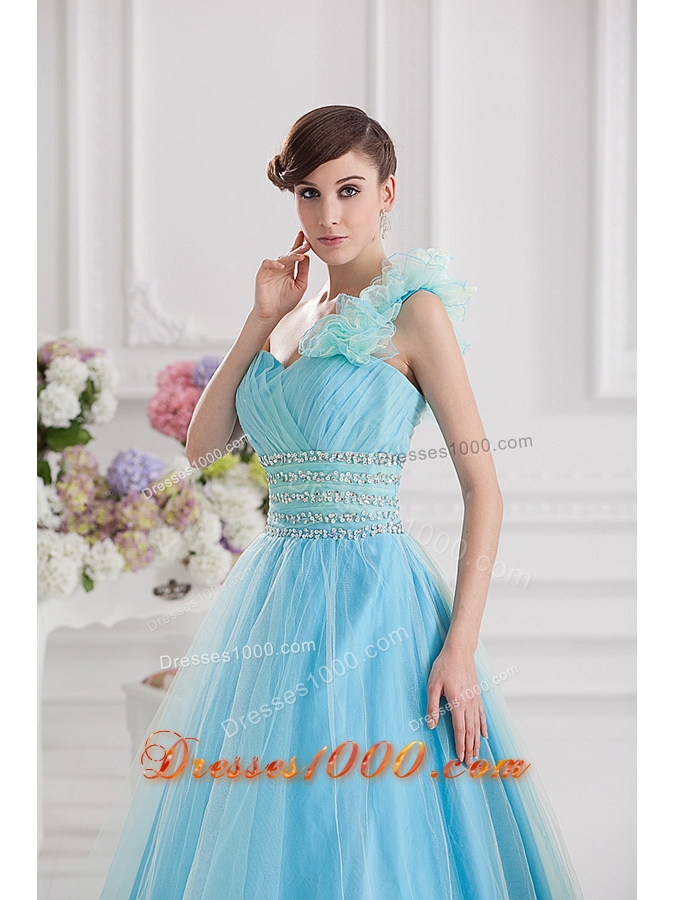 Beautiful A-line One Shoulder Ruching and Beading Aqua Blue Quinceanera Dress