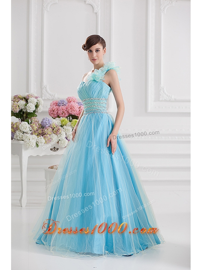 Beautiful A-line One Shoulder Ruching and Beading Aqua Blue Quinceanera Dress