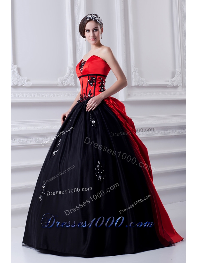 Cheap Strapless Appliques Pick-ups Black and Red Quinceanera Dress with Brush Train