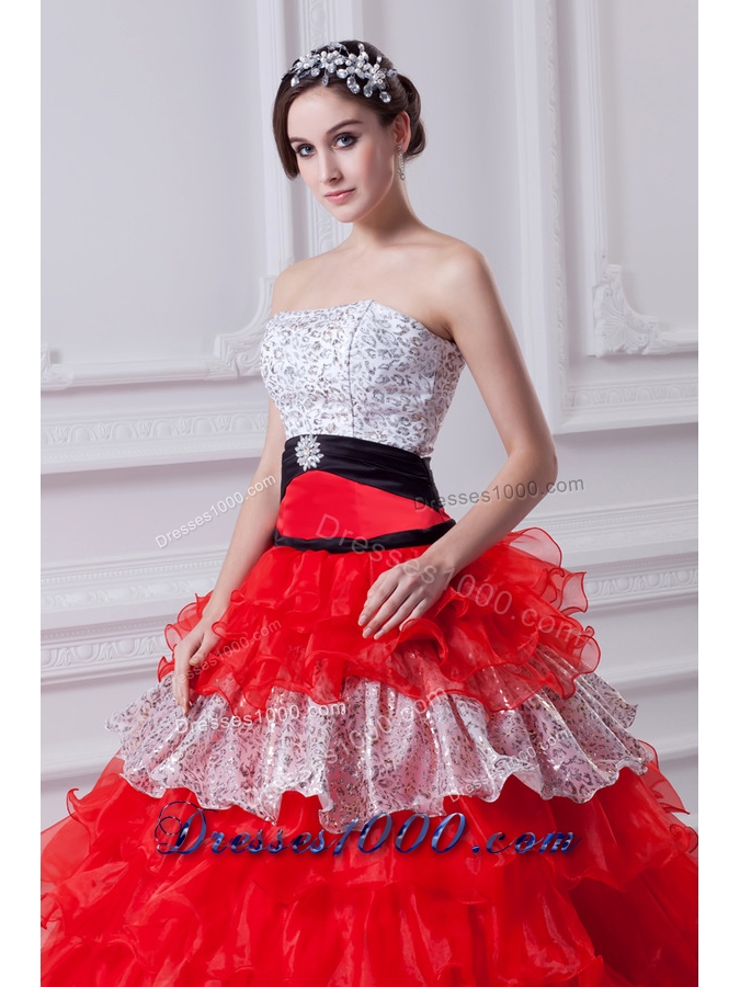 Elegant Princess Strapless Beading Ruflled Layers Red Quinceanera Dress in 2014