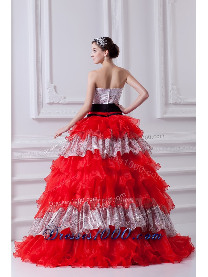 Elegant Princess Strapless Beading Ruflled Layers Red Quinceanera Dress in 2014