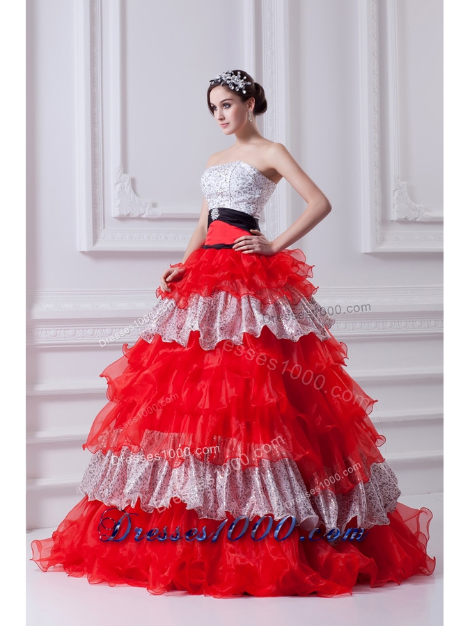 Elegant Princess Strapless Beading Ruflled Layers Red Quinceanera Dress in 2014