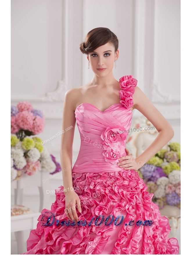Hot Pink Ball Gown One Shoulder Taffeta Hand Made Flowers and Ruffles Quinceanera Dress