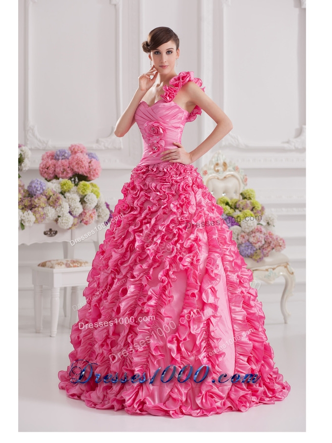 Hot Pink Ball Gown One Shoulder Taffeta Hand Made Flowers and Ruffles Quinceanera Dress