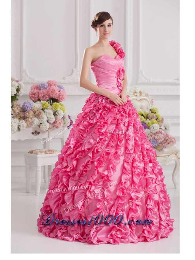 Hot Pink Ball Gown One Shoulder Taffeta Hand Made Flowers and Ruffles Quinceanera Dress