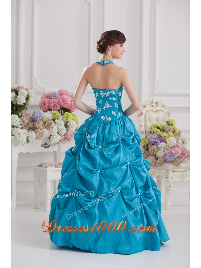 Princess Taffeta Appliques Ruffles Teal Quinceanera Dress with Halter Top