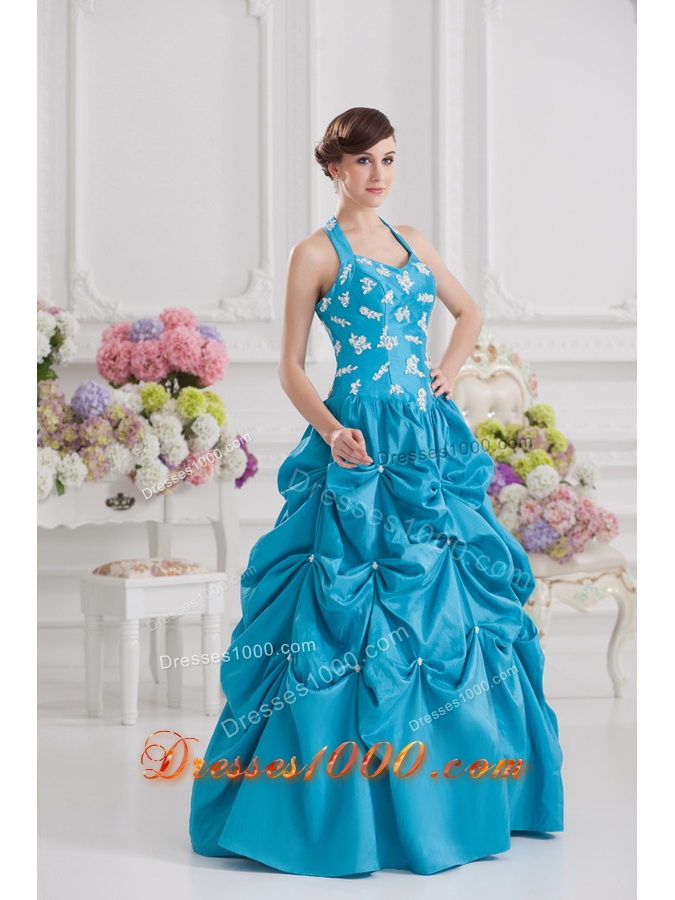 Princess Taffeta Appliques Ruffles Teal Quinceanera Dress with Halter Top