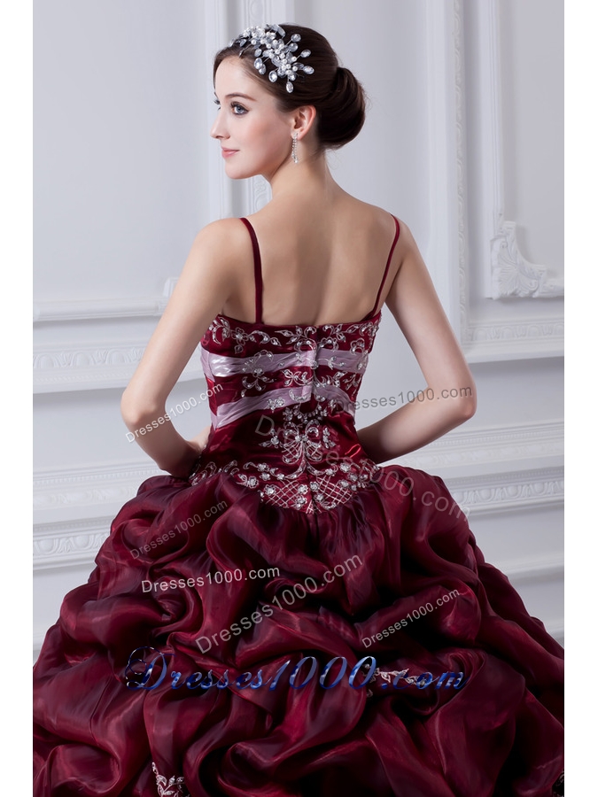 2014 Spaghetti Straps Organza Beading and Appliques Burgundy Quinceanera Dress