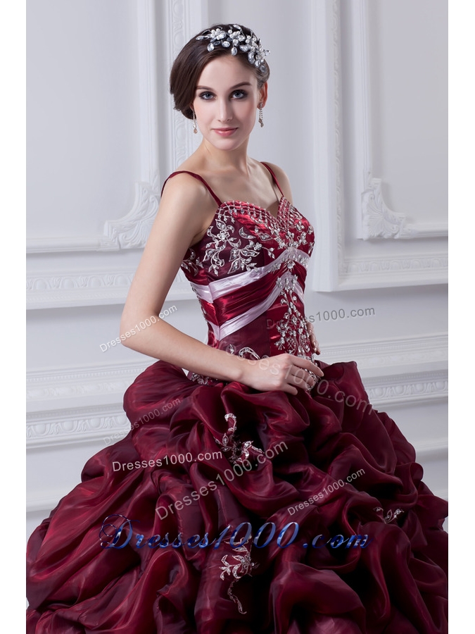 2014 Spaghetti Straps Organza Beading and Appliques Burgundy Quinceanera Dress