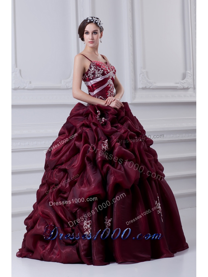 2014 Spaghetti Straps Organza Beading and Appliques Burgundy Quinceanera Dress