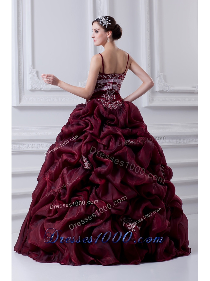 2014 Spaghetti Straps Organza Beading and Appliques Burgundy Quinceanera Dress