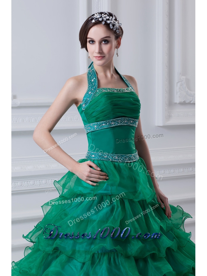 2014 Spring A-line Hater Top Beading and Appliques Green Quinceanera Dress