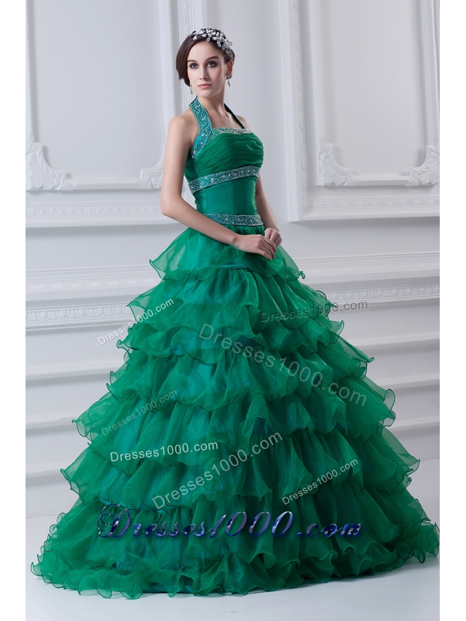 2014 Spring A-line Hater Top Beading and Appliques Green Quinceanera Dress
