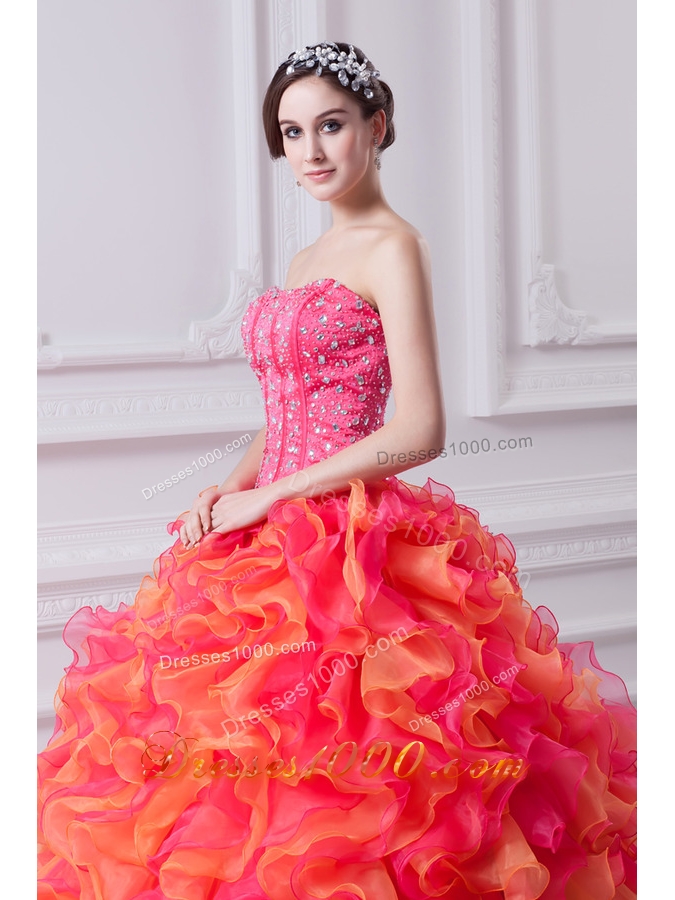 Ball Gown Strapless Organza Beading Ruflles Multi-color Quinceanera Dress