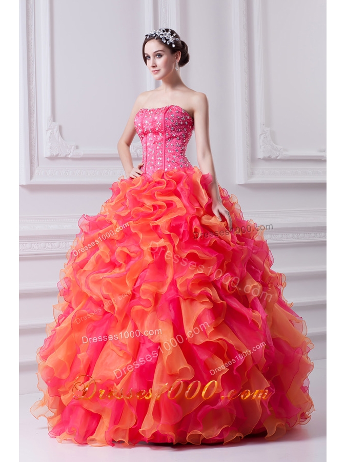 Ball Gown Strapless Organza Beading Ruflles Multi-color Quinceanera Dress