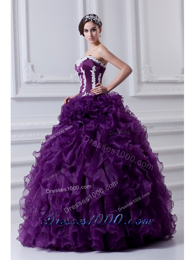 Ball Gown Sweetheart Ruffles and Appliques Purple Quinceanera Dress