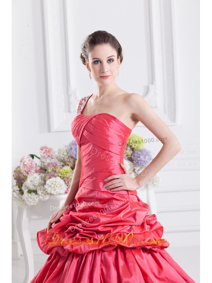 Cheap Coral Red One Shoulder Beading Ball Gown Quinceanera Dress with Pick Ups