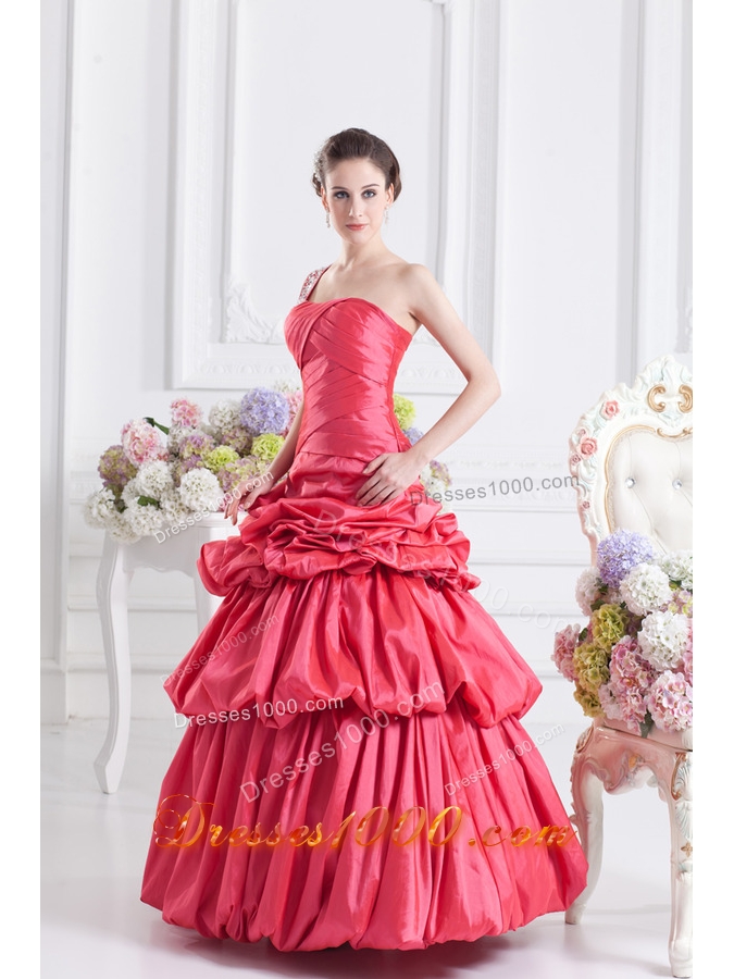 Cheap Coral Red One Shoulder Beading Ball Gown Quinceanera Dress with Pick Ups