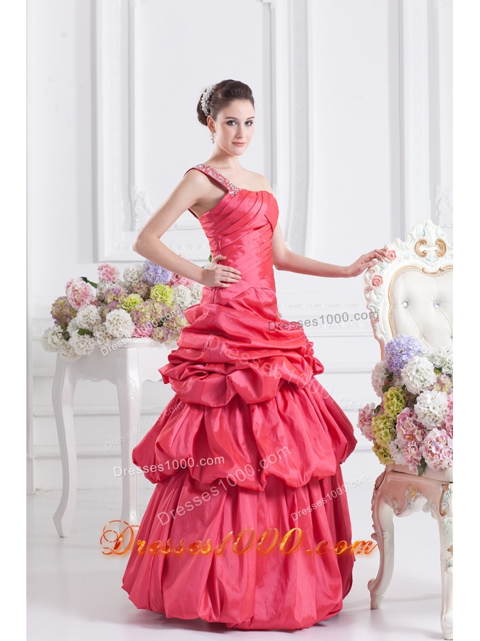 Cheap Coral Red One Shoulder Beading Ball Gown Quinceanera Dress with Pick Ups