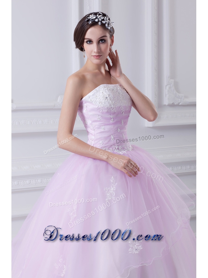Cute Ball Gown Strapless Beading and Appliques Tulle Baby Pink Quinceanera Dress