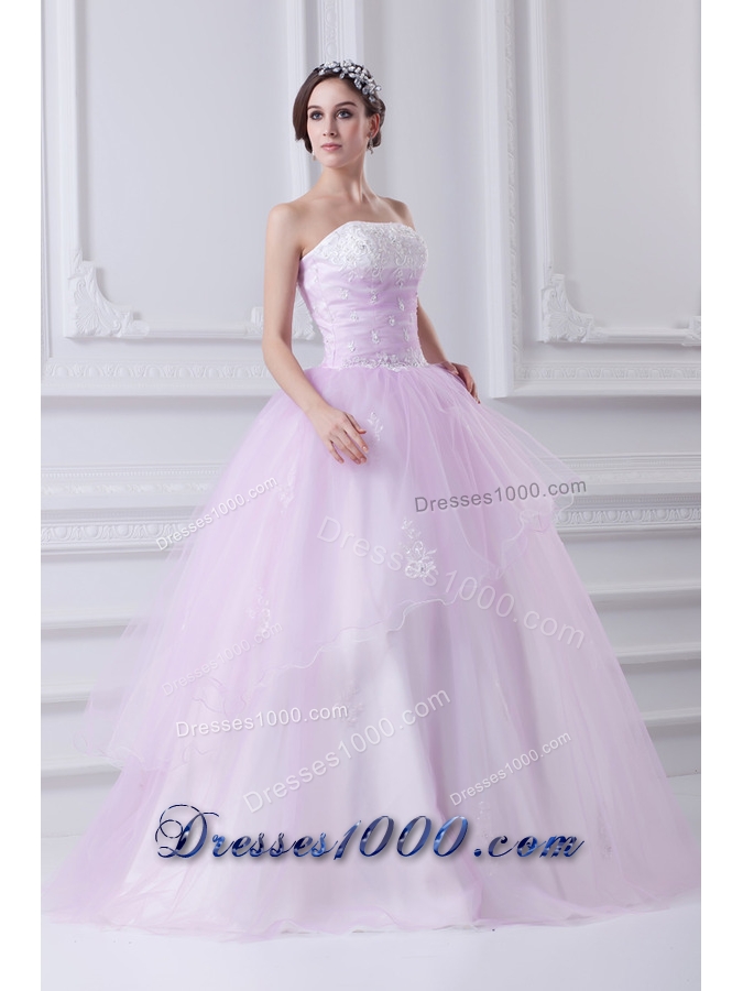 Cute Ball Gown Strapless Beading and Appliques Tulle Baby Pink Quinceanera Dress