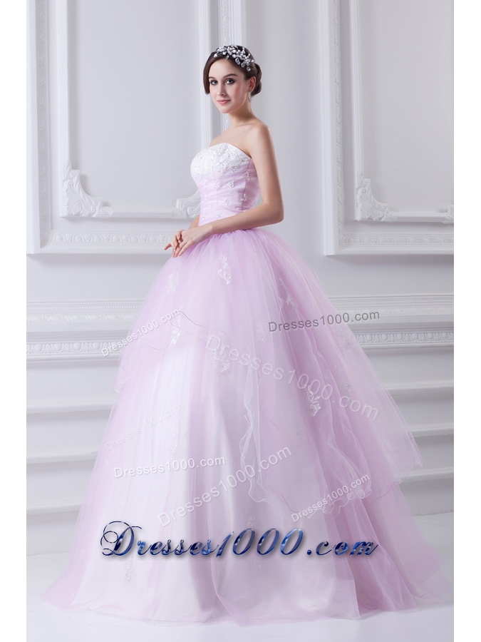 Cute Ball Gown Strapless Beading and Appliques Tulle Baby Pink Quinceanera Dress