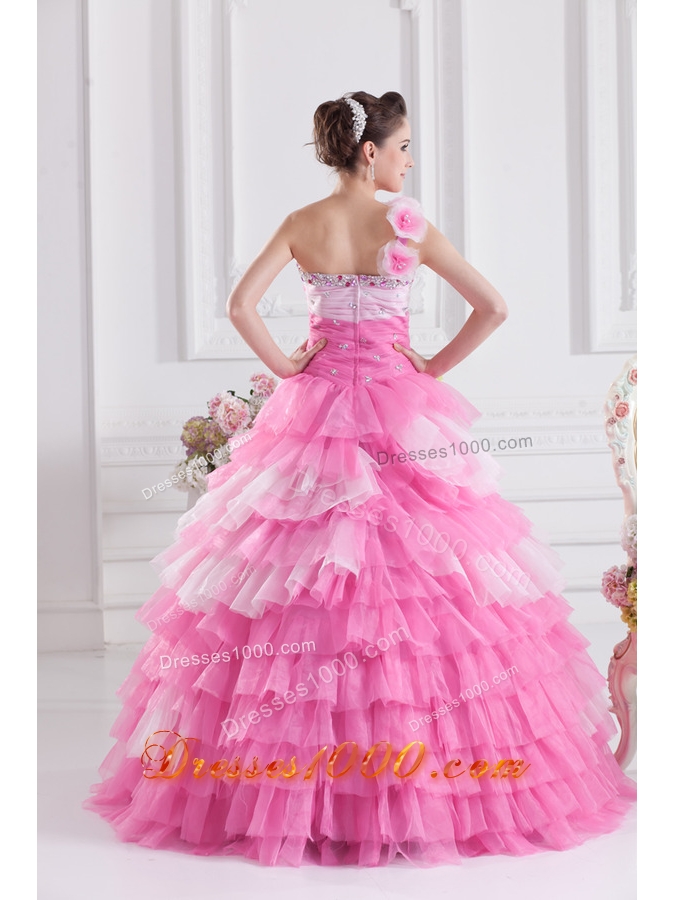 Pretty Rose Pink Princess One Shoulder Beading Quinceanera Dress with Ruffled Layers