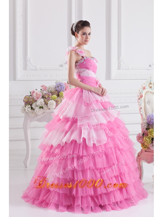 Pretty Rose Pink Princess One Shoulder Beading Quinceanera Dress with Ruffled Layers