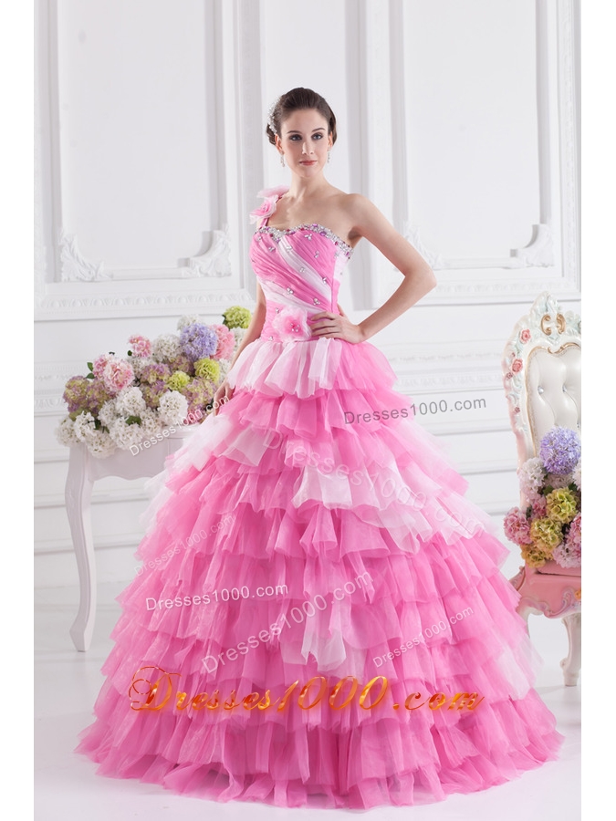 Pretty Rose Pink Princess One Shoulder Beading Quinceanera Dress with Ruffled Layers