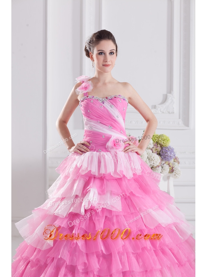 Pretty Rose Pink Princess One Shoulder Beading Quinceanera Dress with Ruffled Layers