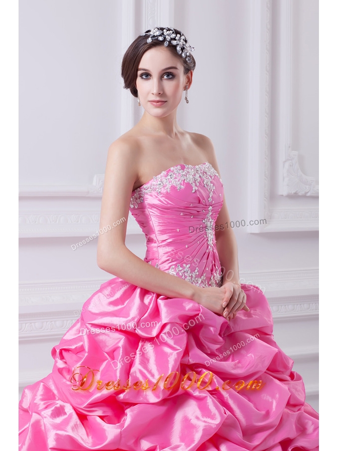 Pretty Rose Pink Strapless Appliques 2014 Quinceanera Dress with Appliques