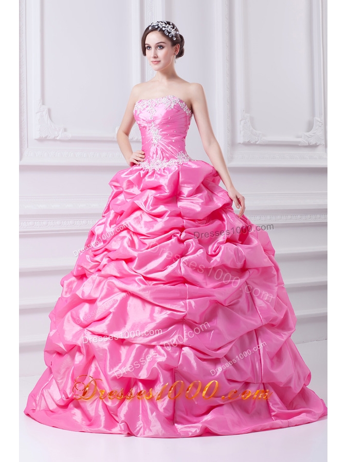 Pretty Rose Pink Strapless Appliques 2014 Quinceanera Dress with Appliques