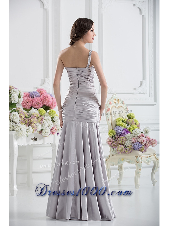 A-line One Shoulder Satin Beading and Ruching Prom Dress in Sliver