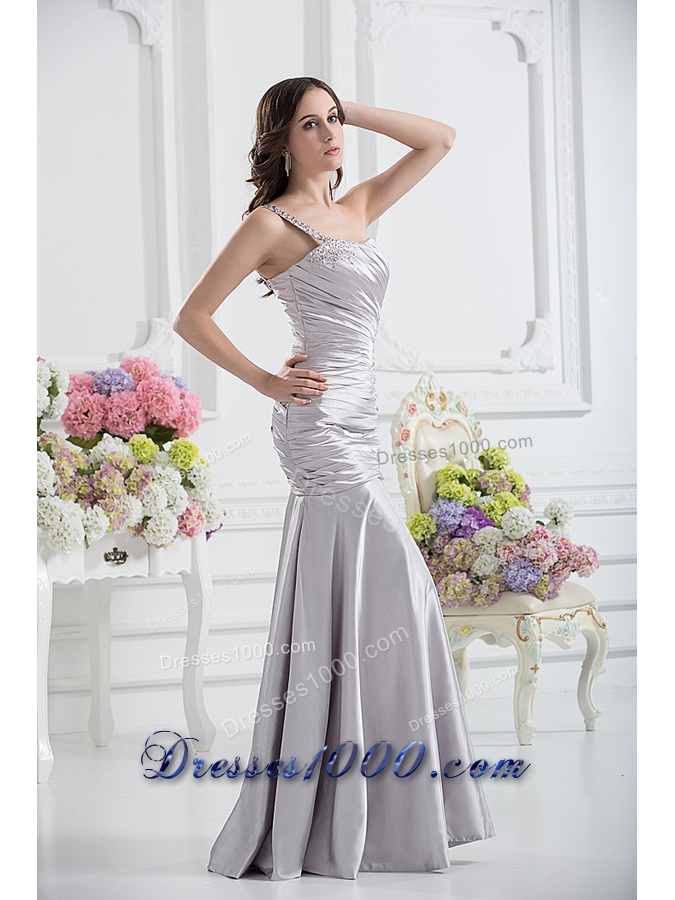 A-line One Shoulder Satin Beading and Ruching Prom Dress in Sliver