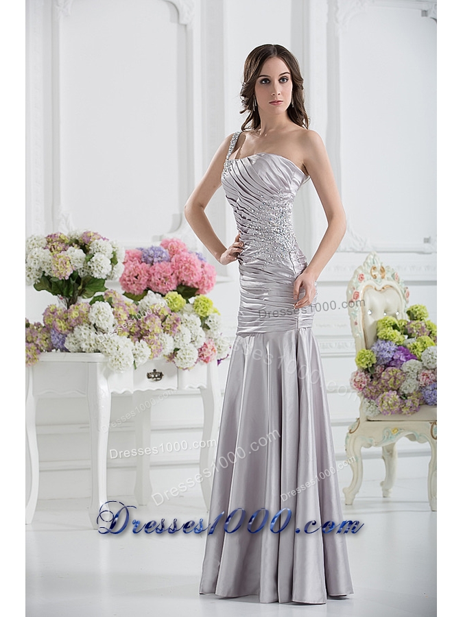 A-line One Shoulder Satin Beading and Ruching Prom Dress in Sliver