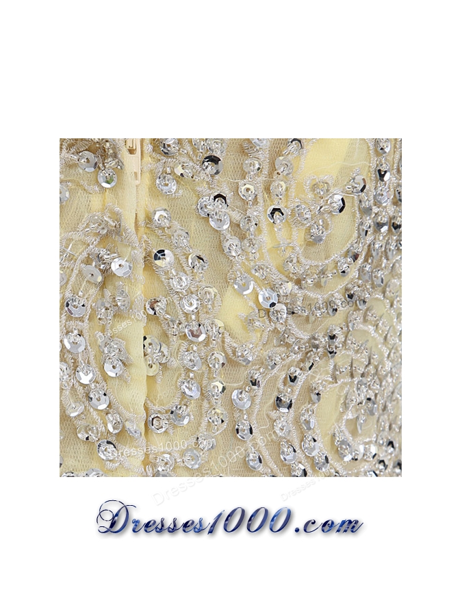 Empire Court Train Yellow Beading One Shoulder Prom Dress