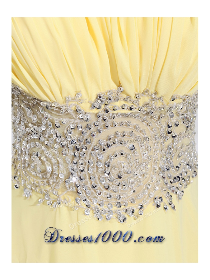 Empire Court Train Yellow Beading One Shoulder Prom Dress