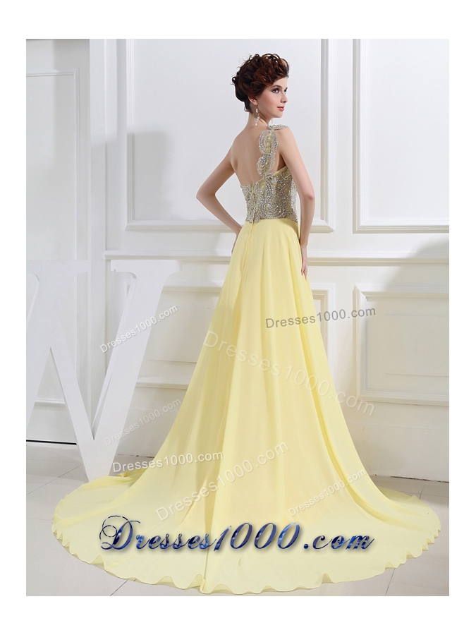 Empire Court Train Yellow Beading One Shoulder Prom Dress