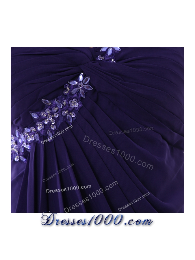 Empire One Shoulder Brush Train Appliques Purple Prom Dress