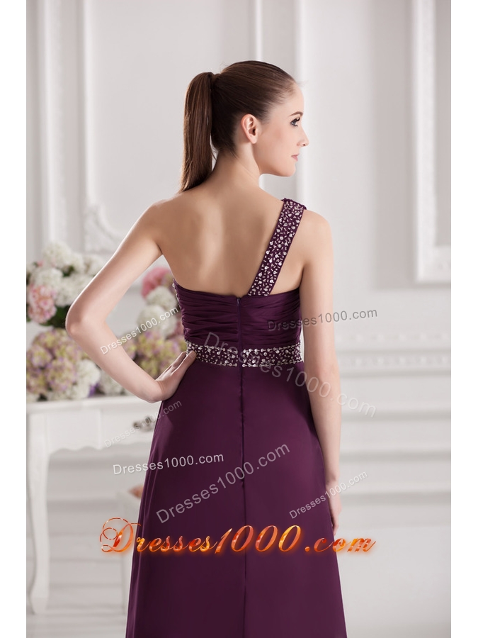 Empire One Shoulder Floor-length Beading Ruching Purple Prom Dress