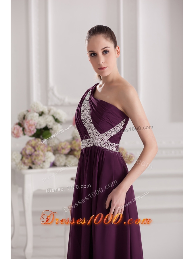 Empire One Shoulder Floor-length Beading Ruching Purple Prom Dress